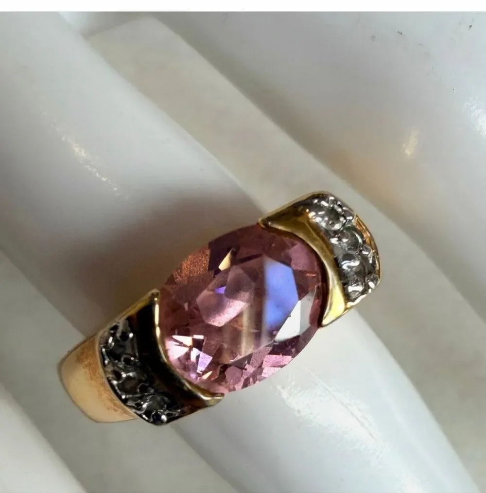 Gold Tone Pink Oval Statement Ring with Clear Accent Stones